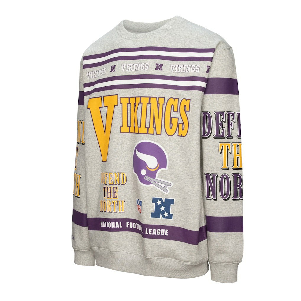 Minnesota Vikings All Over Print Vintage Fleece Crewneck Sweatshirt Heather Gray | Mitchell & Ness