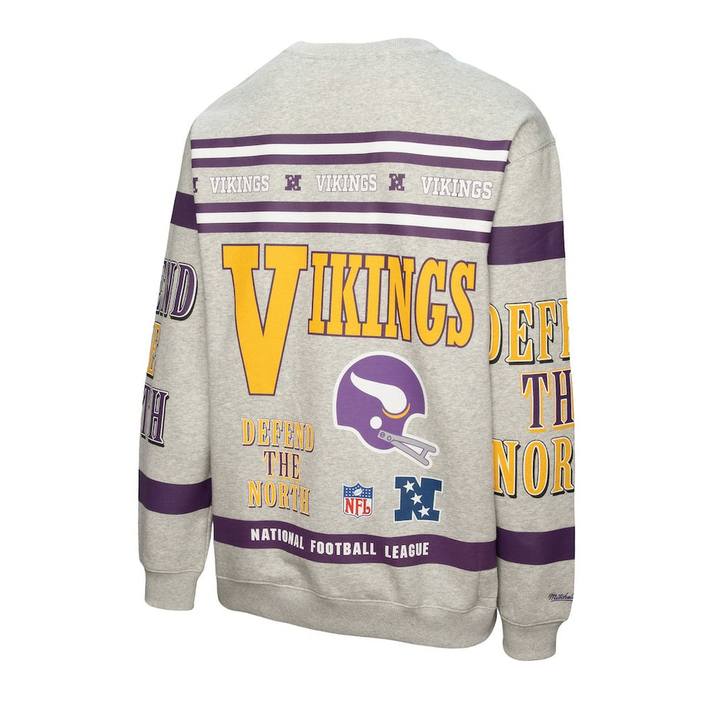 Minnesota Vikings All Over Print Vintage Fleece Crewneck Sweatshirt Heather Gray | Mitchell & Ness