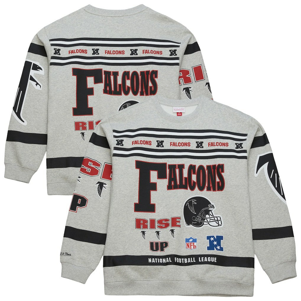 Atlanta Falcons All Over Print Vintage Fleece Crewneck Sweatshirt Heather Gray | Mitchell & Ness