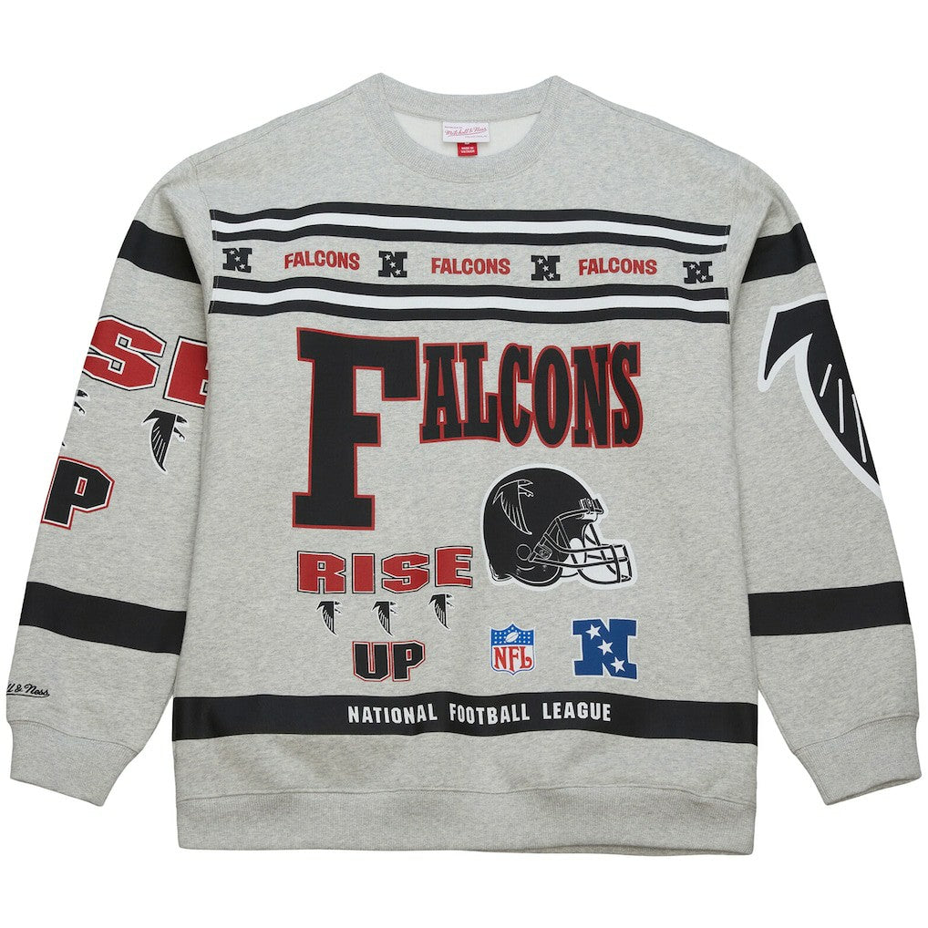 Atlanta Falcons All Over Print Vintage Fleece Crewneck Sweatshirt Heather Gray | Mitchell & Ness
