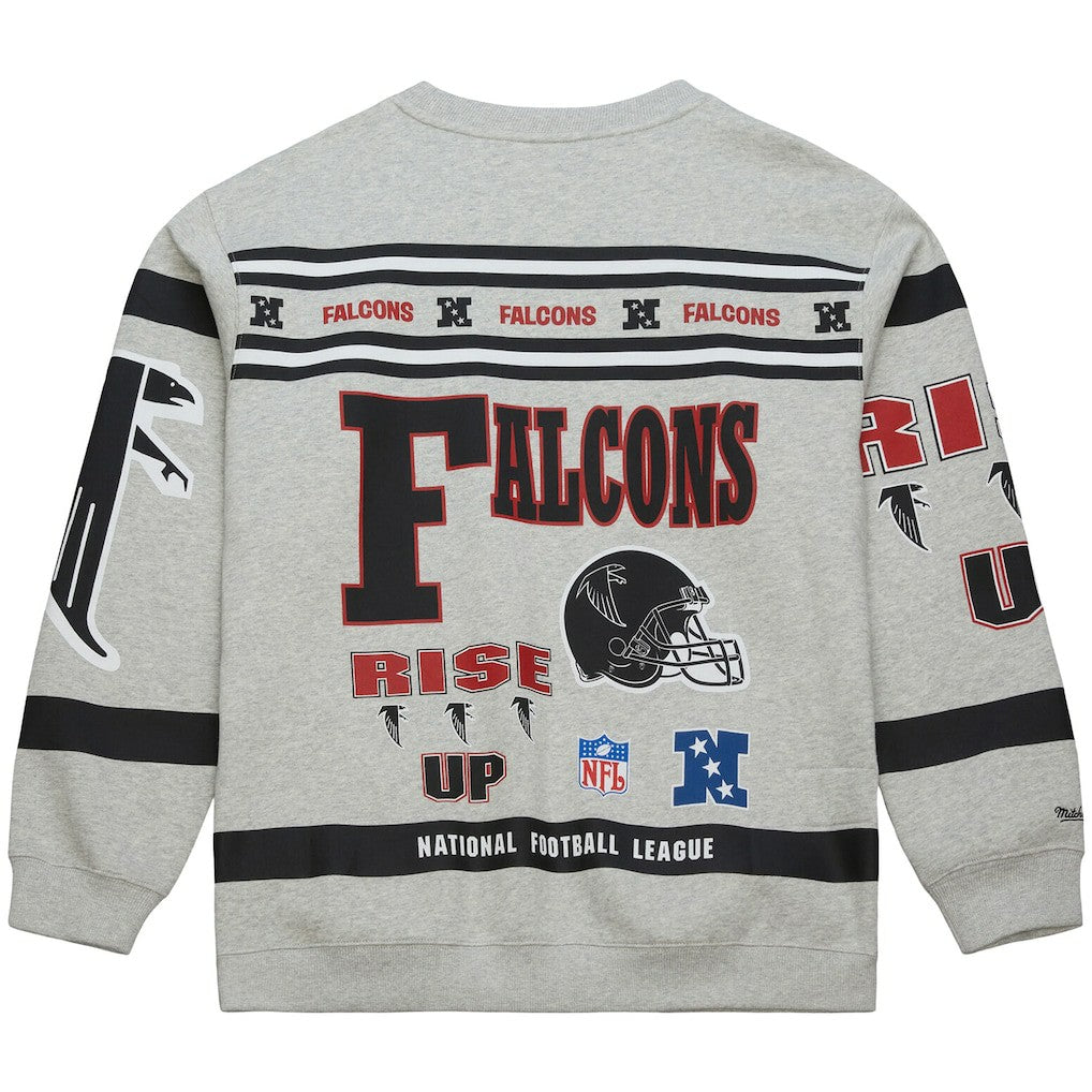 Atlanta Falcons All Over Print Vintage Fleece Crewneck Sweatshirt Heather Gray | Mitchell & Ness