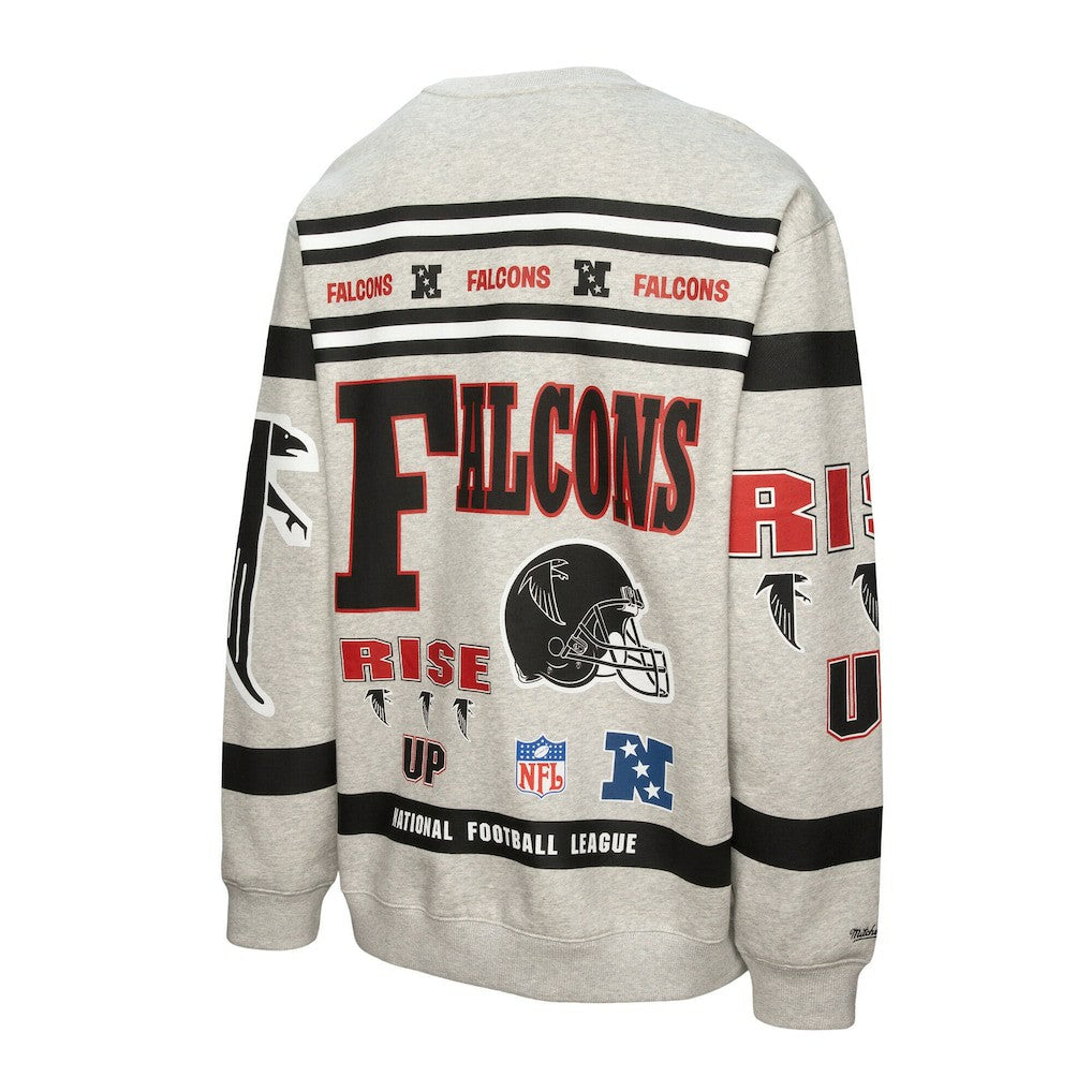Atlanta Falcons All Over Print Vintage Fleece Crewneck Sweatshirt Heather Gray | Mitchell & Ness