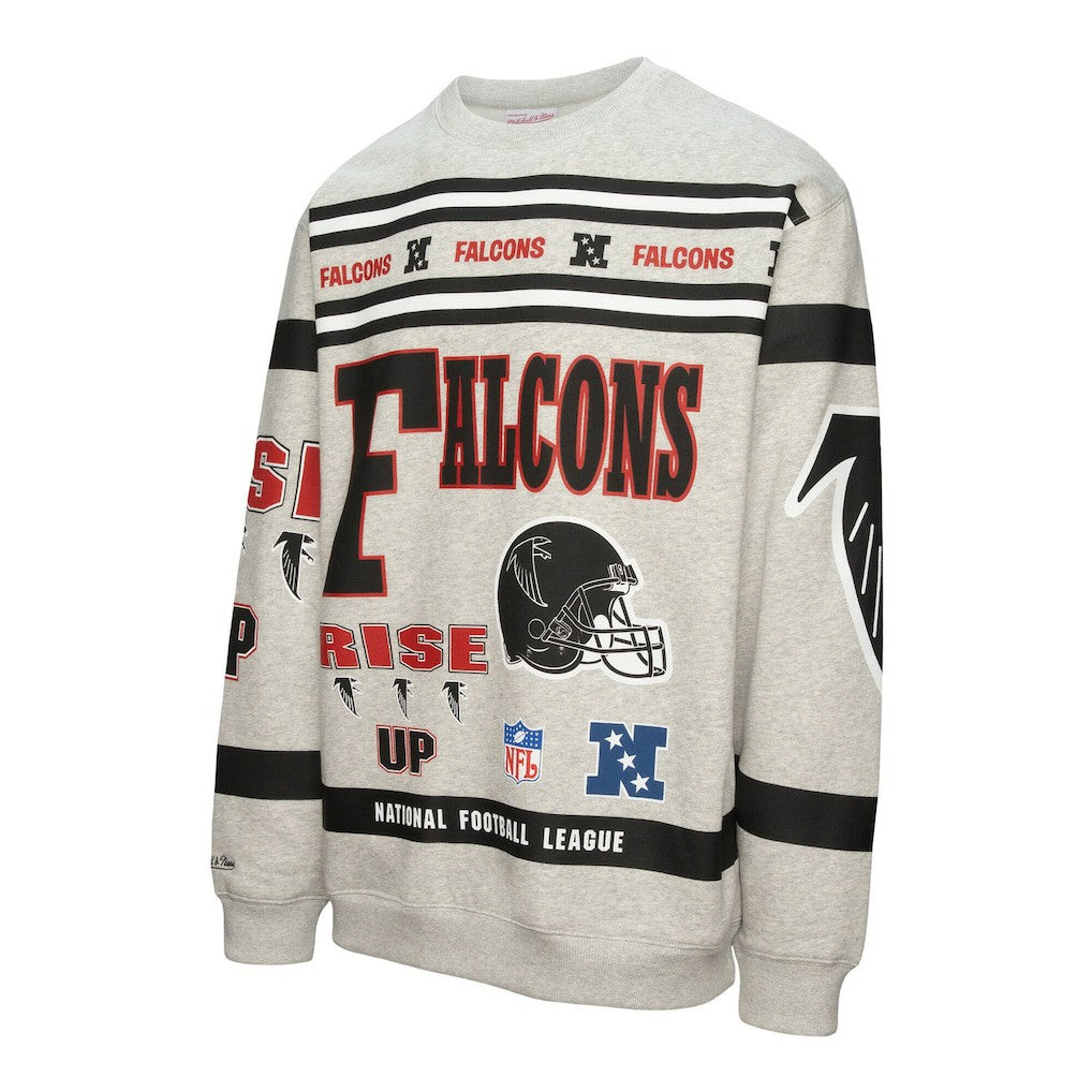Atlanta Falcons All Over Print Vintage Fleece Crewneck Sweatshirt Heather Gray | Mitchell & Ness