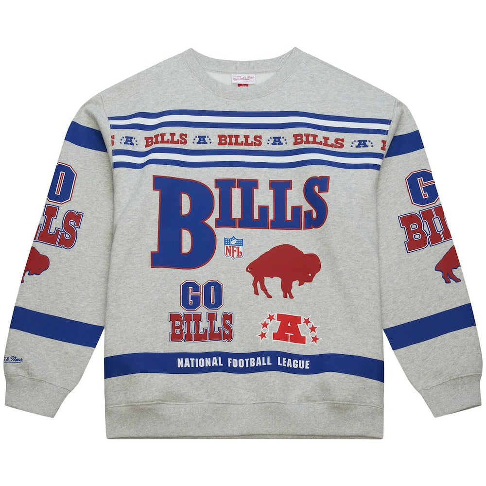 Buffalo Bills All Over Print Vintage Fleece Crewneck Sweatshirt Heather Gray | Mitchell & Ness