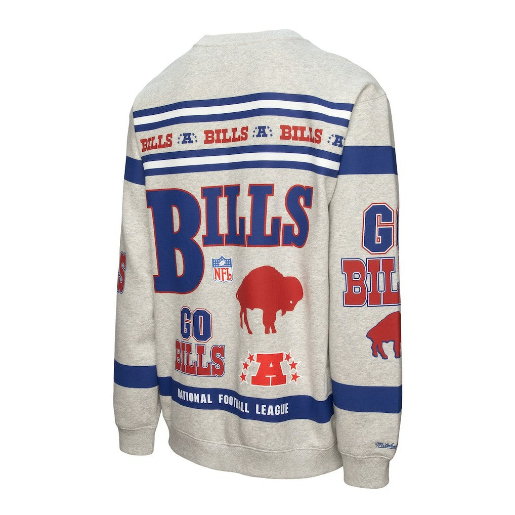 Buffalo Bills All Over Print Vintage Fleece Crewneck Sweatshirt Heather Gray | Mitchell & Ness