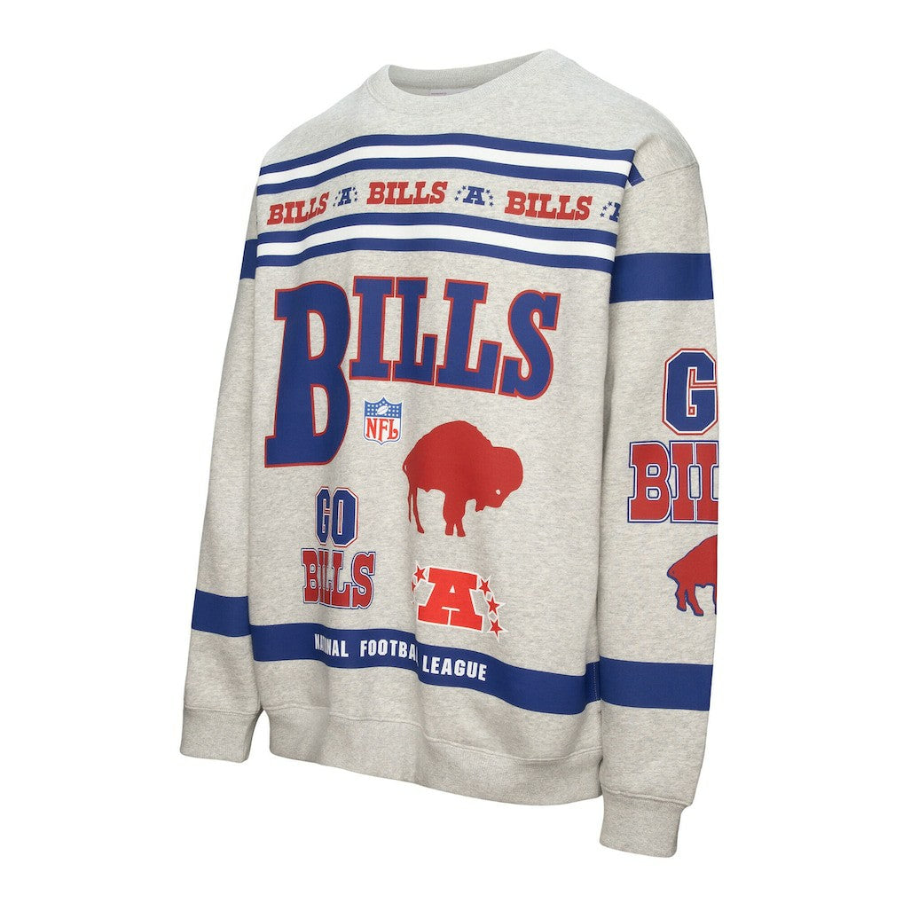 Buffalo Bills All Over Print Vintage Fleece Crewneck Sweatshirt Heather Gray | Mitchell & Ness
