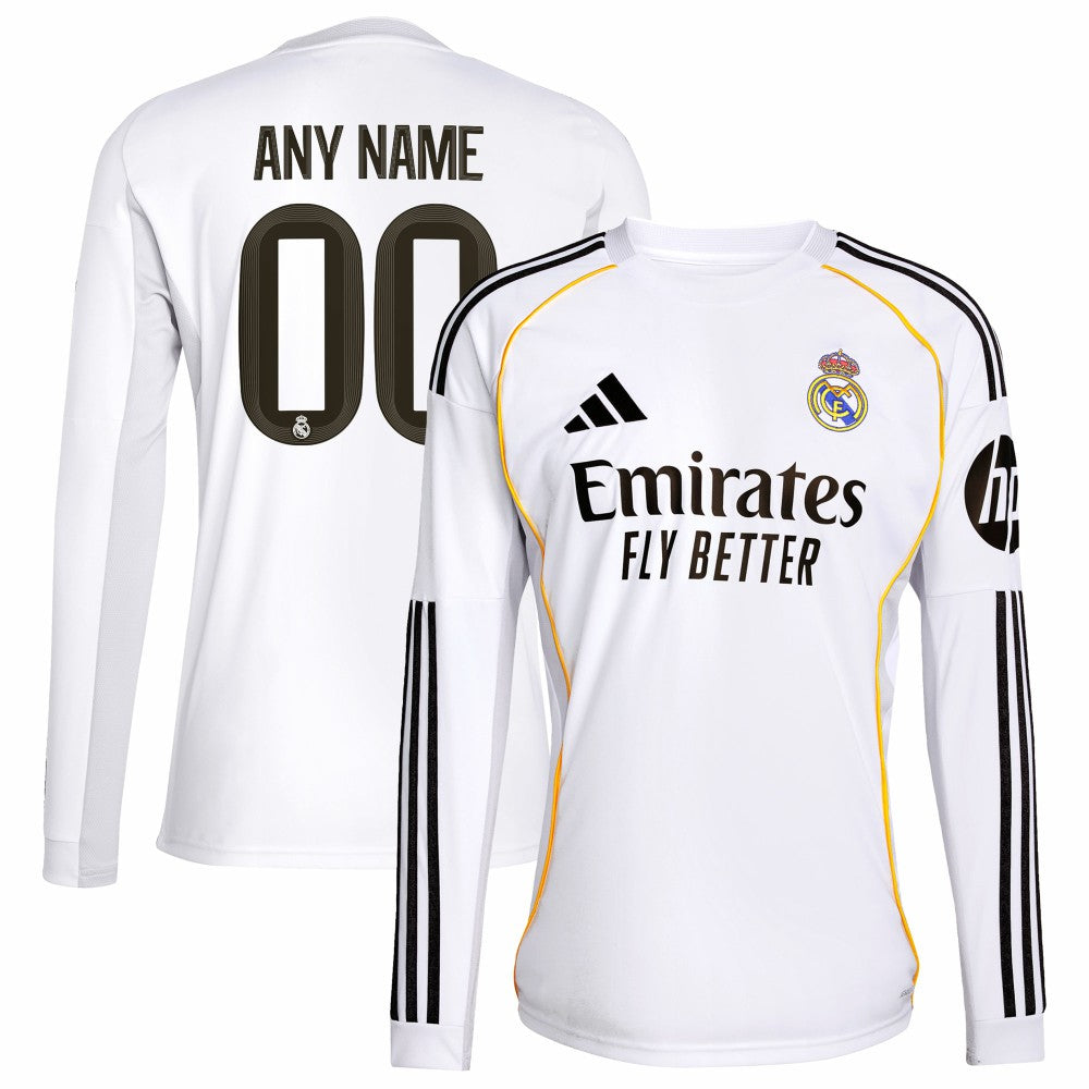 Real Madrid 2025/26 Home Replica Long Sleeve Custom Jersey White | Adidas Online