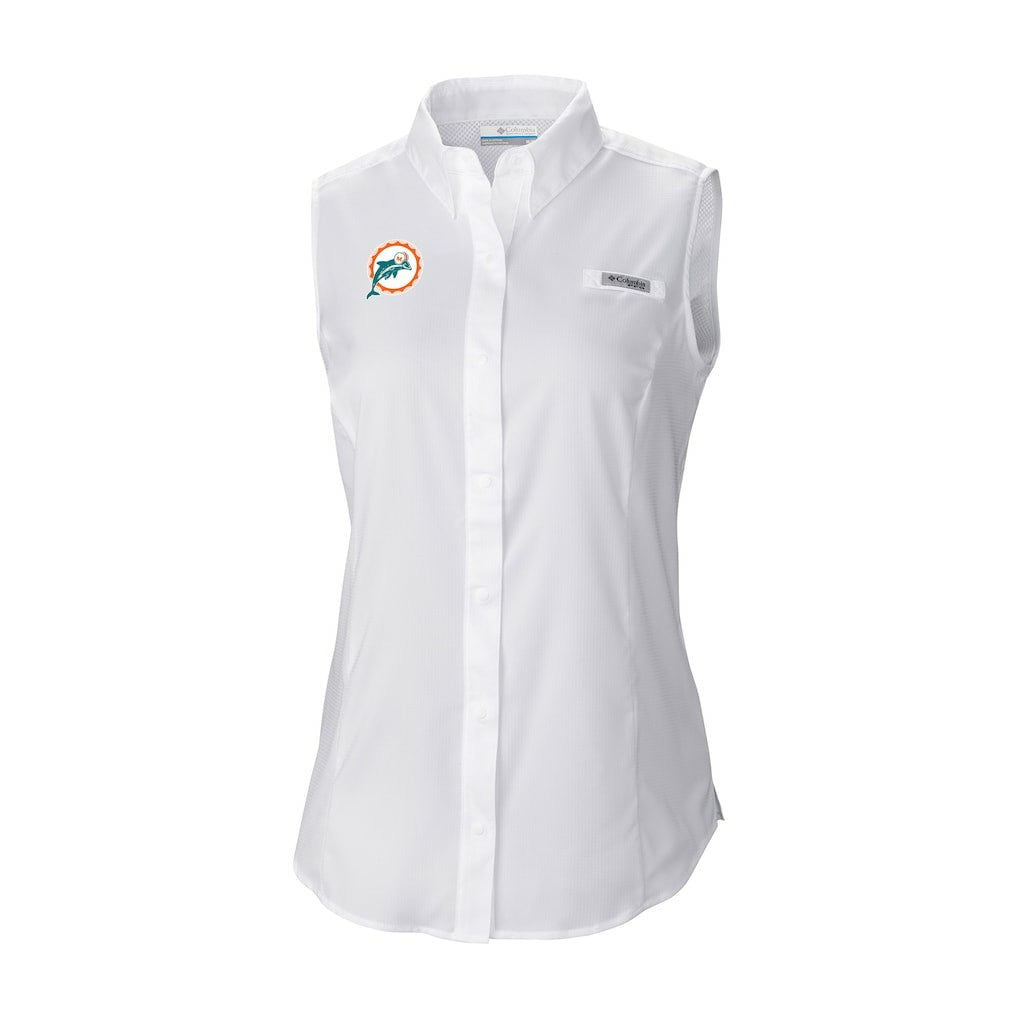 Miami Dolphins Women's Historic Tamiami Omni-Shade Sleeveless Button-Up Shirt White | Columbia