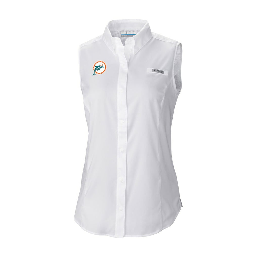 Miami Dolphins Women's Historic Tamiami Omni-Shade Sleeveless Button-Up Shirt White | Columbia