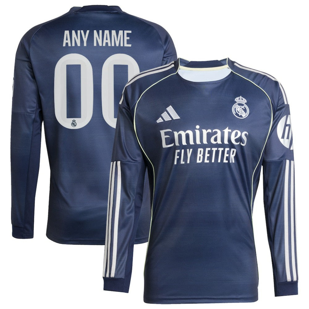 Real Madrid 2025/26 Away Long Sleeve Replica Custom Jersey Blue | Adidas