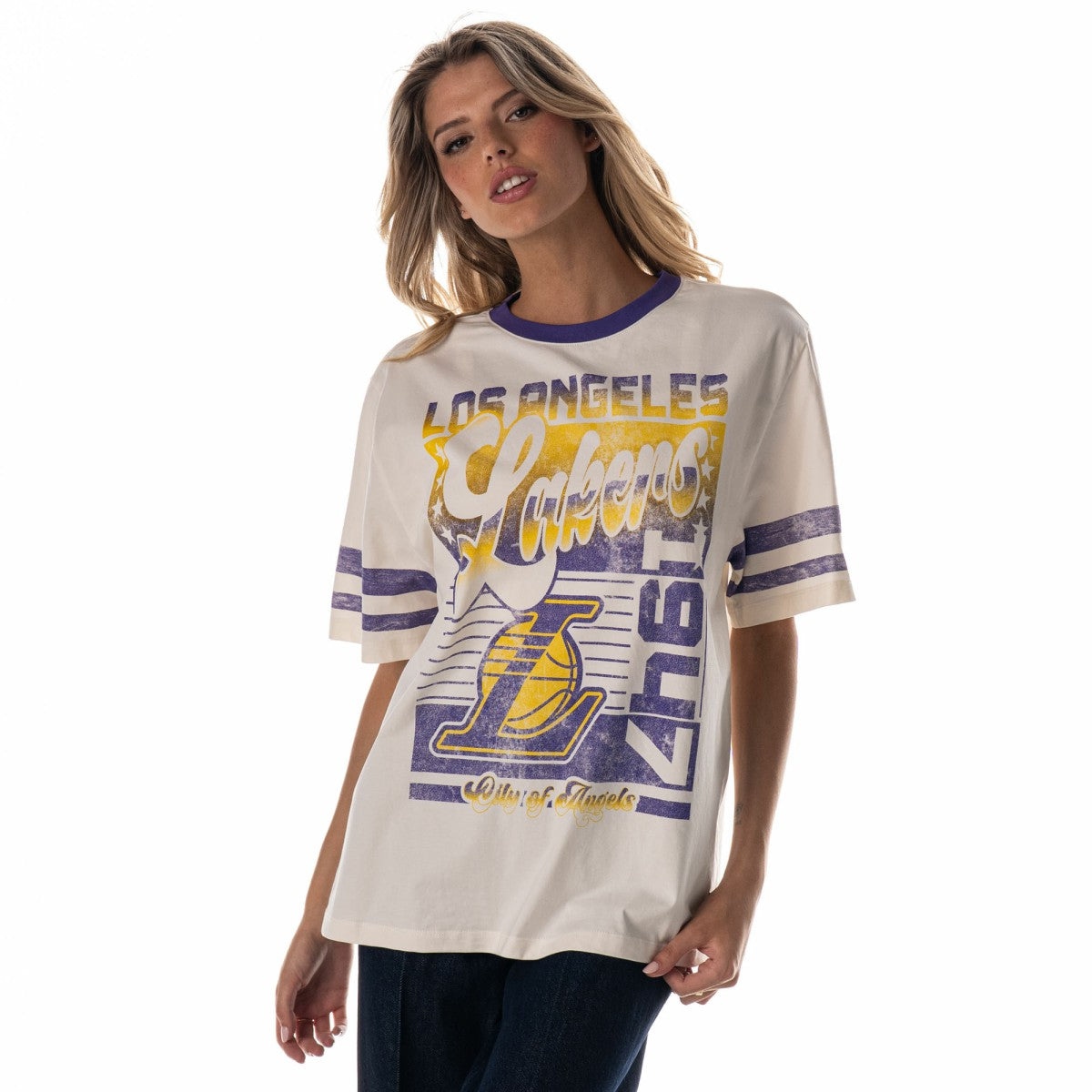 Los Angeles Lakers The Wild Collective Women's Vintage Drop Shoulder Oversized Boyfriend T-Shirt Cream - NBA