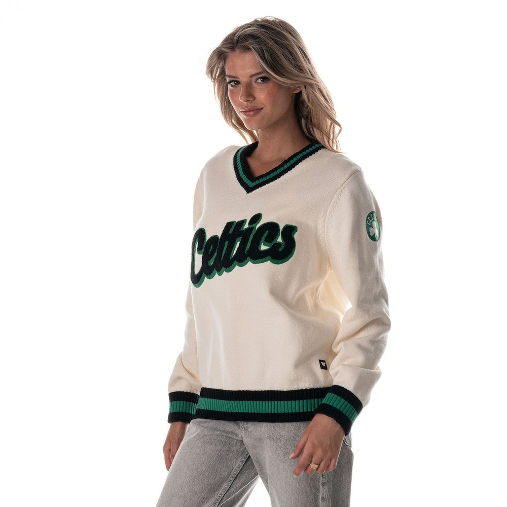 Boston Celtics The Wild Collective Women's Jacquard V-Neck Sweater Cream - NBA