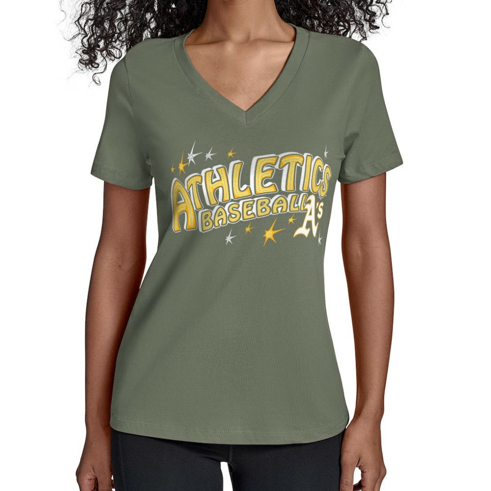 Athletics Starter Women's Fireworks Team Name V-Neck T-Shirt - MLB