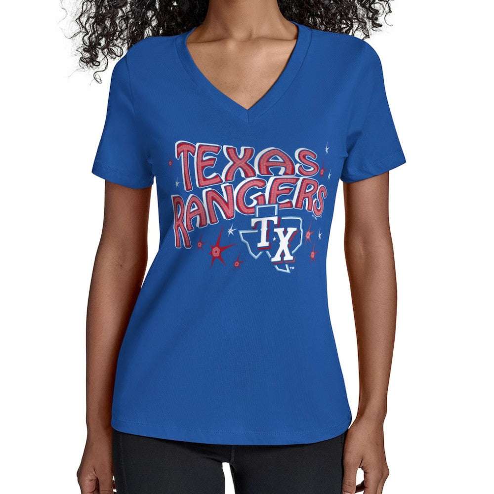 Texas Rangers Starter Women's Fireworks Team Name V-Neck T-Shirt - MLB