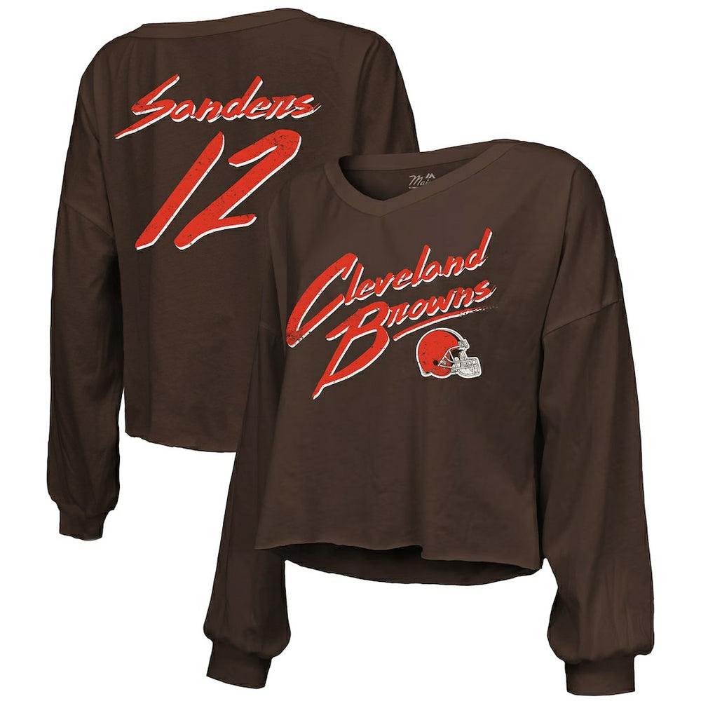 Shedeur Sanders Cleveland Browns Majestic Threads Women's Name & Number Off-Shoulder Script Cropped Long Sleeve Relaxed V-Neck T-Shirt Brown | NFL