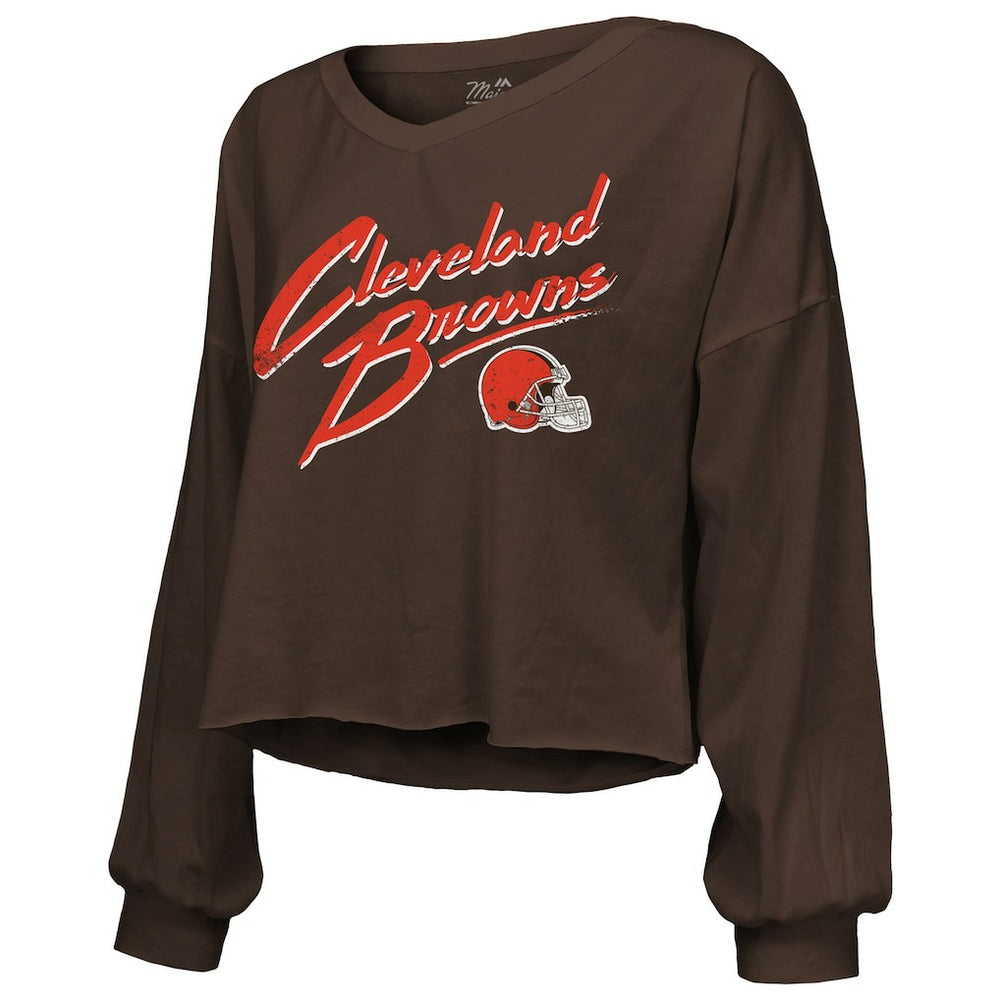 Shedeur Sanders Cleveland Browns Majestic Threads Women's Name & Number Off-Shoulder Script Cropped Long Sleeve Relaxed V-Neck T-Shirt Brown | NFL