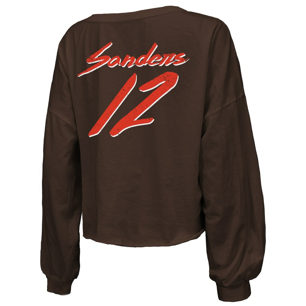 Shedeur Sanders Cleveland Browns Majestic Threads Women's Name & Number Off-Shoulder Script Cropped Long Sleeve Relaxed V-Neck T-Shirt Brown | NFL