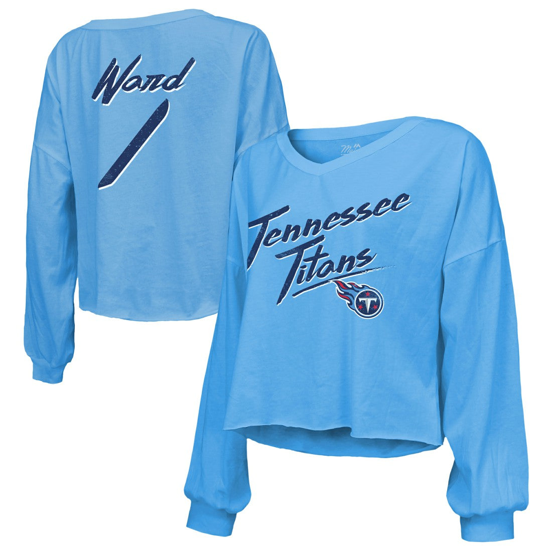 Cameron Ward Tennessee Titans Majestic Threads Women's Name & Number Off-Shoulder Script Cropped Long Sleeve Relaxed V-Neck T-Shirt Light Blue | NFL