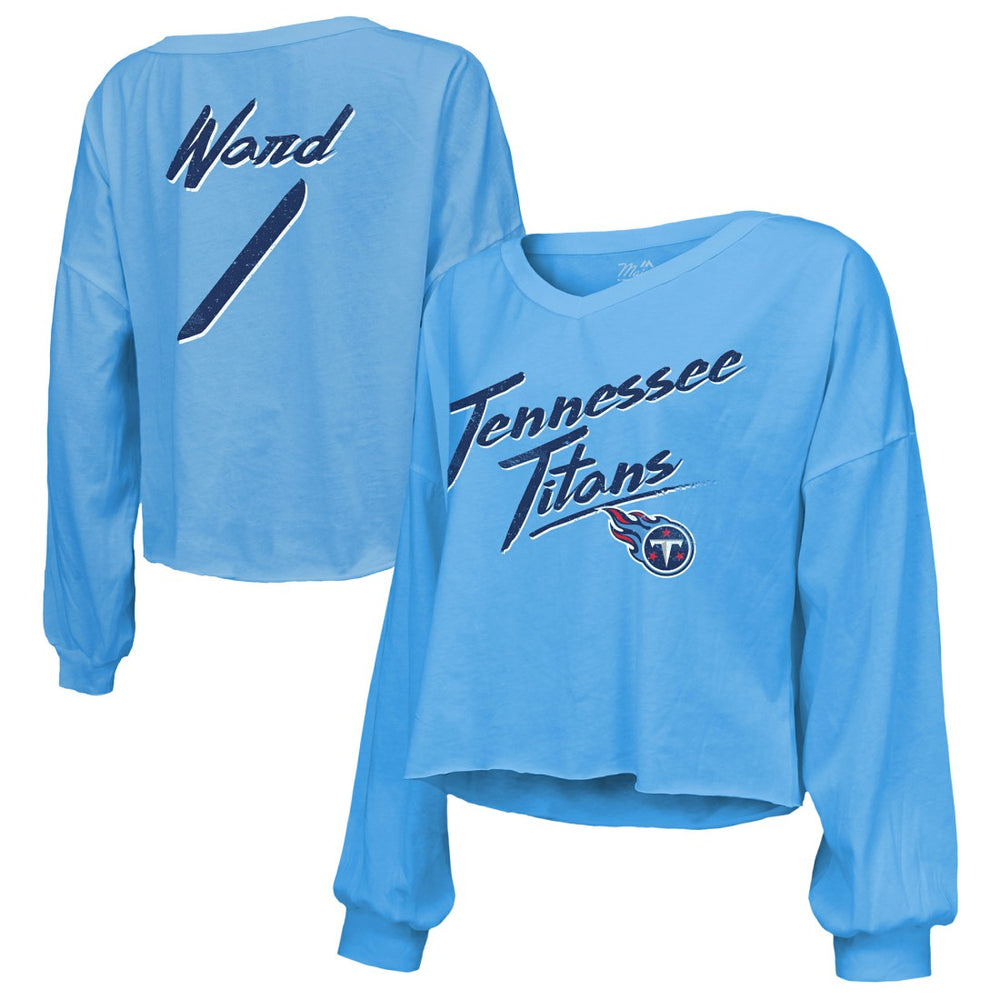 Cameron Ward Tennessee Titans Majestic Threads Women's Name & Number Off-Shoulder Script Cropped Long Sleeve Relaxed V-Neck T-Shirt Light Blue | NFL