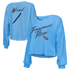 Cameron Ward Tennessee Titans Majestic Threads Women's Name & Number Off-Shoulder Script Cropped Long Sleeve Relaxed V-Neck T-Shirt Light Blue | NFL