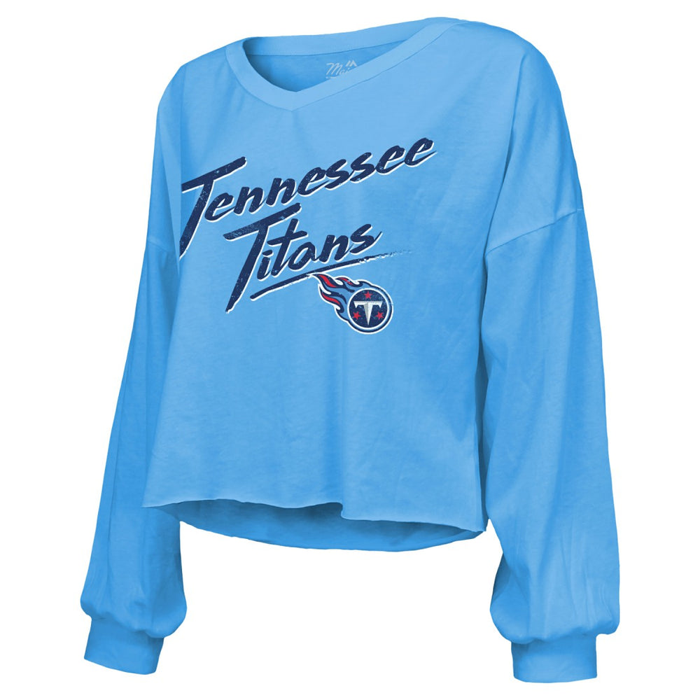 Cameron Ward Tennessee Titans Majestic Threads Women's Name & Number Off-Shoulder Script Cropped Long Sleeve Relaxed V-Neck T-Shirt Light Blue | NFL