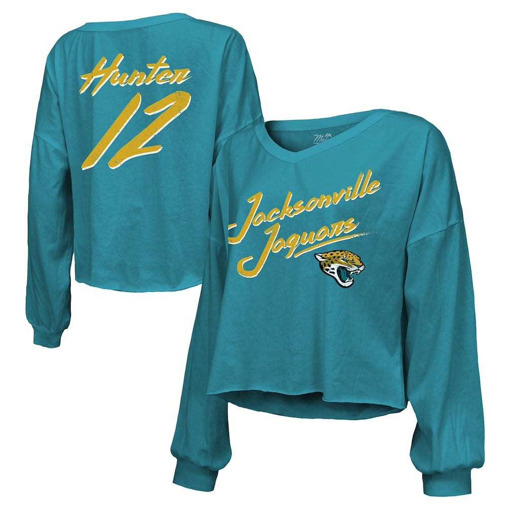 Travis Hunter Jacksonville Jaguars Majestic Threads Women's Name & Number Off-Shoulder Script Cropped Long Sleeve Relaxed V-Neck T-Shirt Teal | NFL