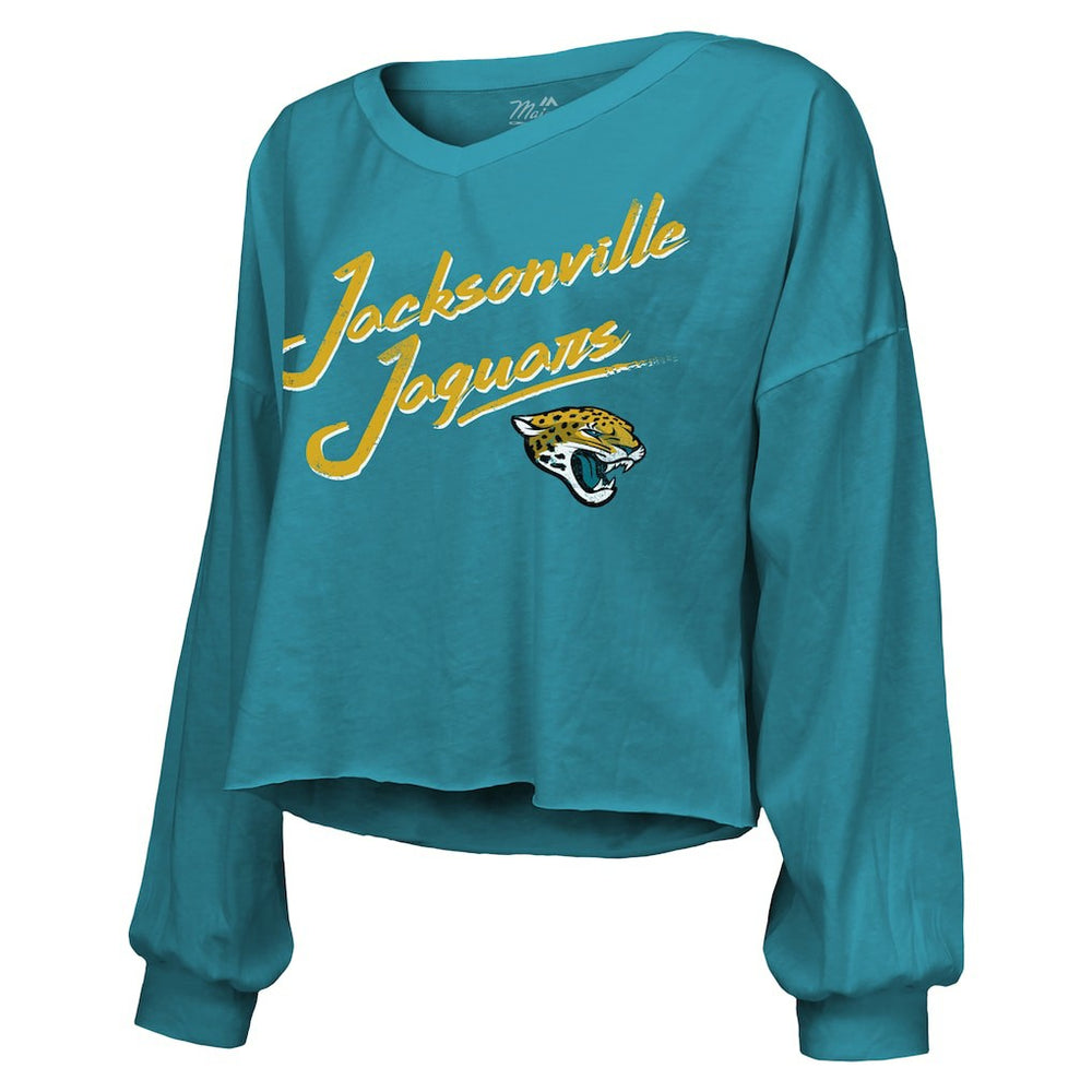 Travis Hunter Jacksonville Jaguars Majestic Threads Women's Name & Number Off-Shoulder Script Cropped Long Sleeve Relaxed V-Neck T-Shirt Teal | NFL