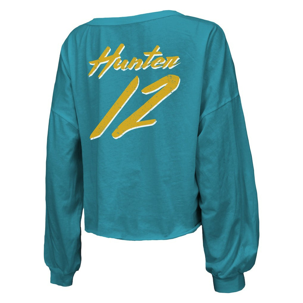 Travis Hunter Jacksonville Jaguars Majestic Threads Women's Name & Number Off-Shoulder Script Cropped Long Sleeve Relaxed V-Neck T-Shirt Teal | NFL