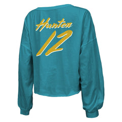 Travis Hunter Jacksonville Jaguars Majestic Threads Women's Name & Number Off-Shoulder Script Cropped Long Sleeve Relaxed V-Neck T-Shirt Teal | NFL