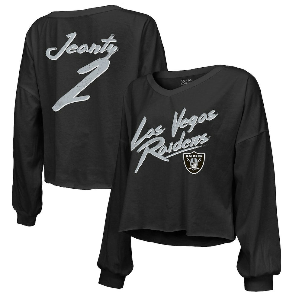 Ashton Jeanty Las Vegas Raiders Majestic Threads Women's Name & Number Off-Shoulder Script Cropped Long Sleeve Relaxed V-Neck T-Shirt Black | NFL