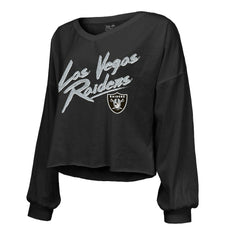 Ashton Jeanty Las Vegas Raiders Majestic Threads Women's Name & Number Off-Shoulder Script Cropped Long Sleeve Relaxed V-Neck T-Shirt Black | NFL