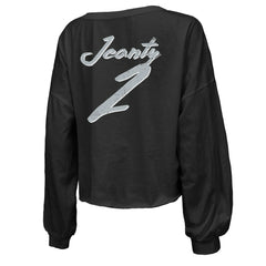 Ashton Jeanty Las Vegas Raiders Majestic Threads Women's Name & Number Off-Shoulder Script Cropped Long Sleeve Relaxed V-Neck T-Shirt Black | NFL