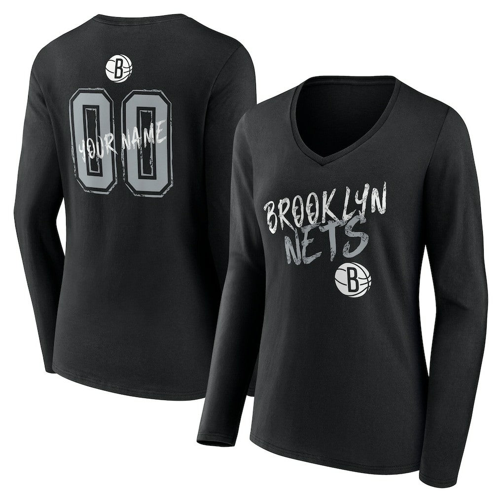 Brooklyn Nets Women's Hustle Custom Long Sleeve V-Neck T-Shirt Black - NBA