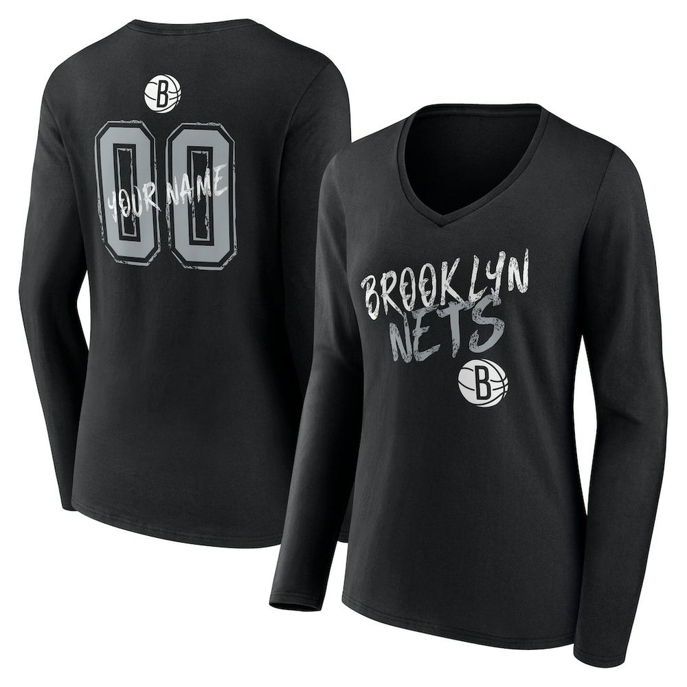 Brooklyn Nets Women's Hustle Custom Long Sleeve V-Neck T-Shirt Black - NBA