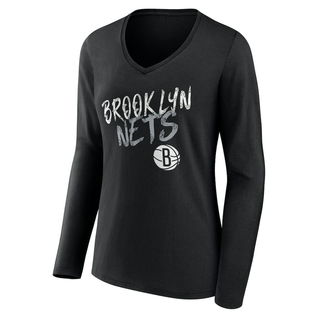 Brooklyn Nets Women's Hustle Custom Long Sleeve V-Neck T-Shirt Black - NBA