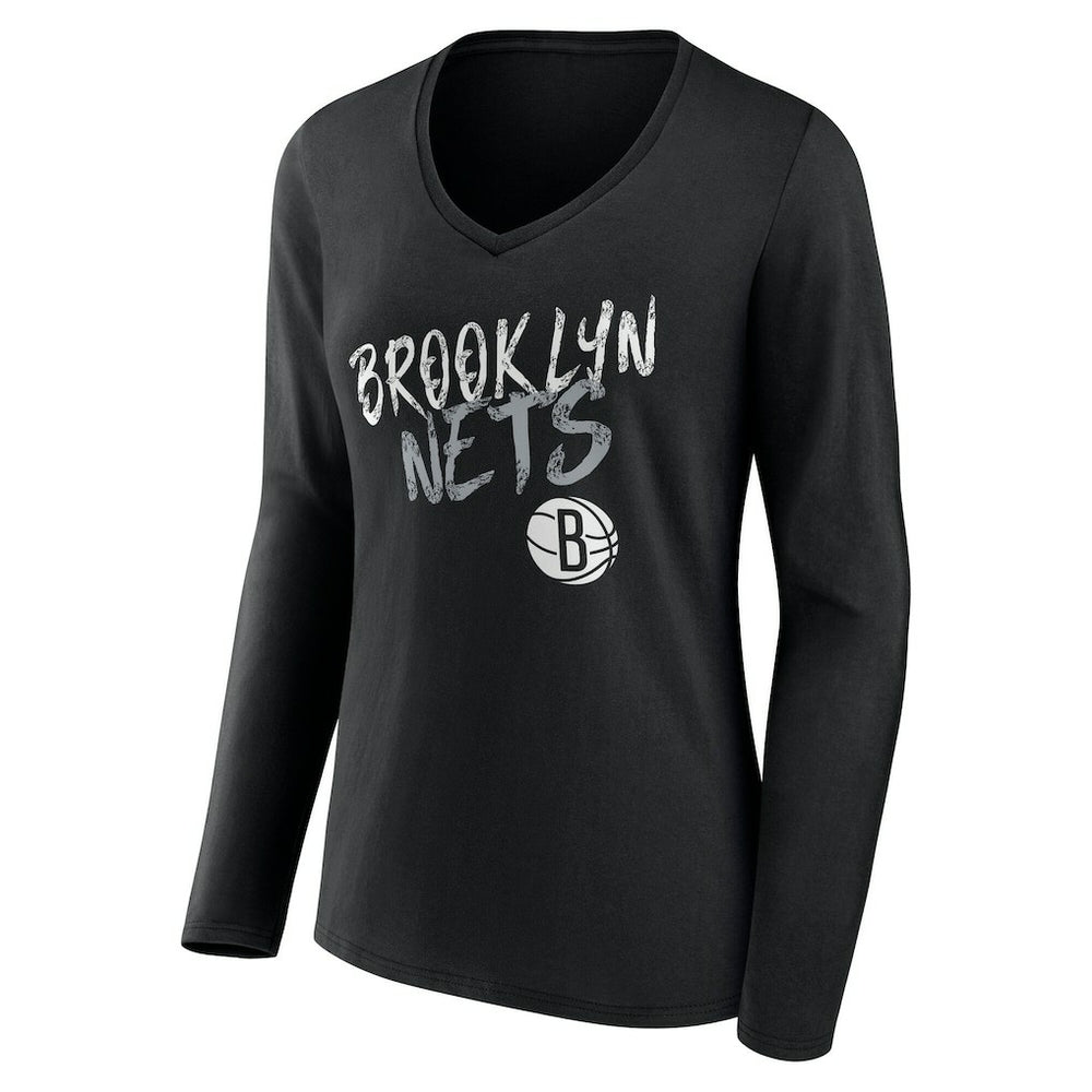 Brooklyn Nets Women's Hustle Custom Long Sleeve V-Neck T-Shirt Black - NBA