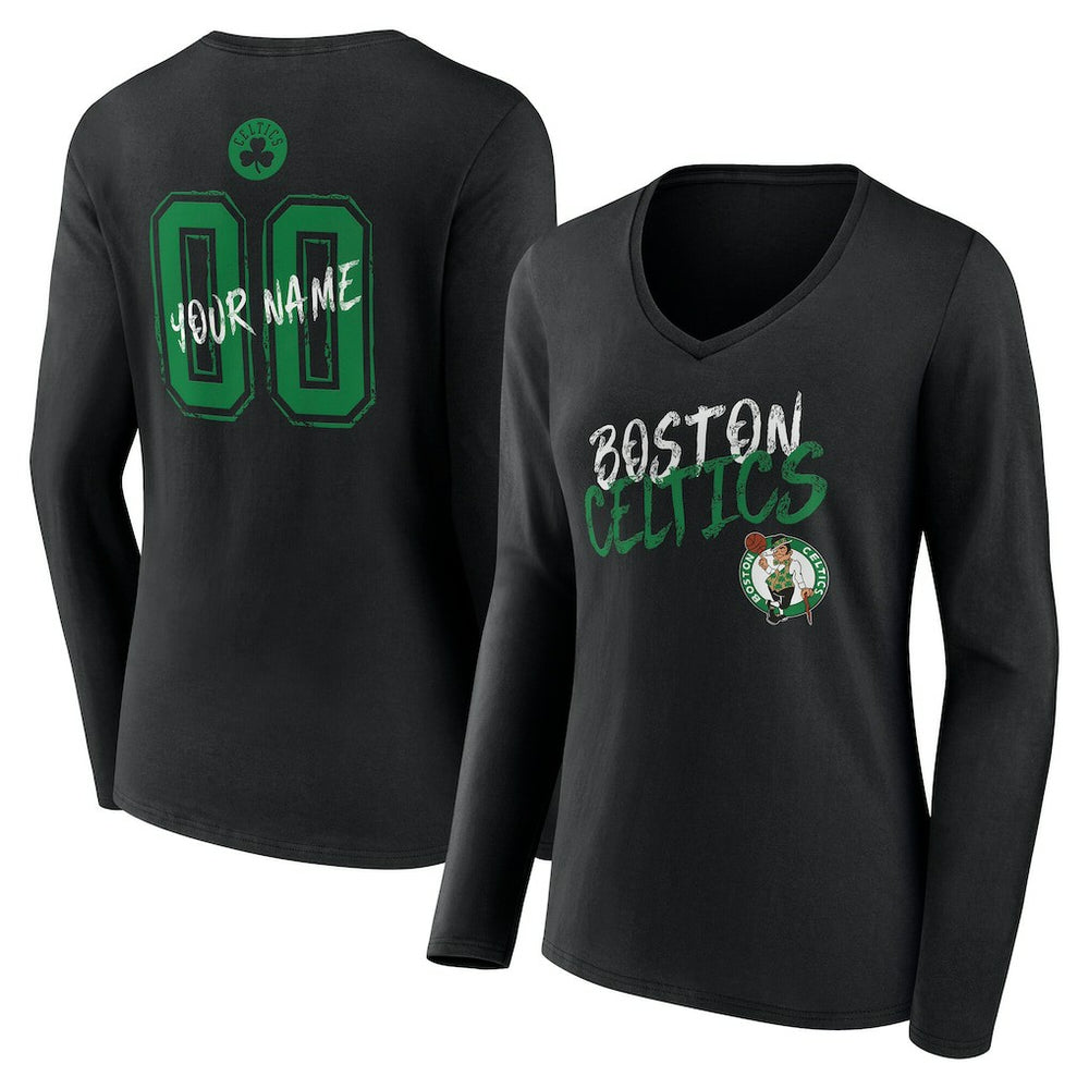 Boston Celtics Women's Hustle Custom Long Sleeve V-Neck T-Shirt Black - NBA