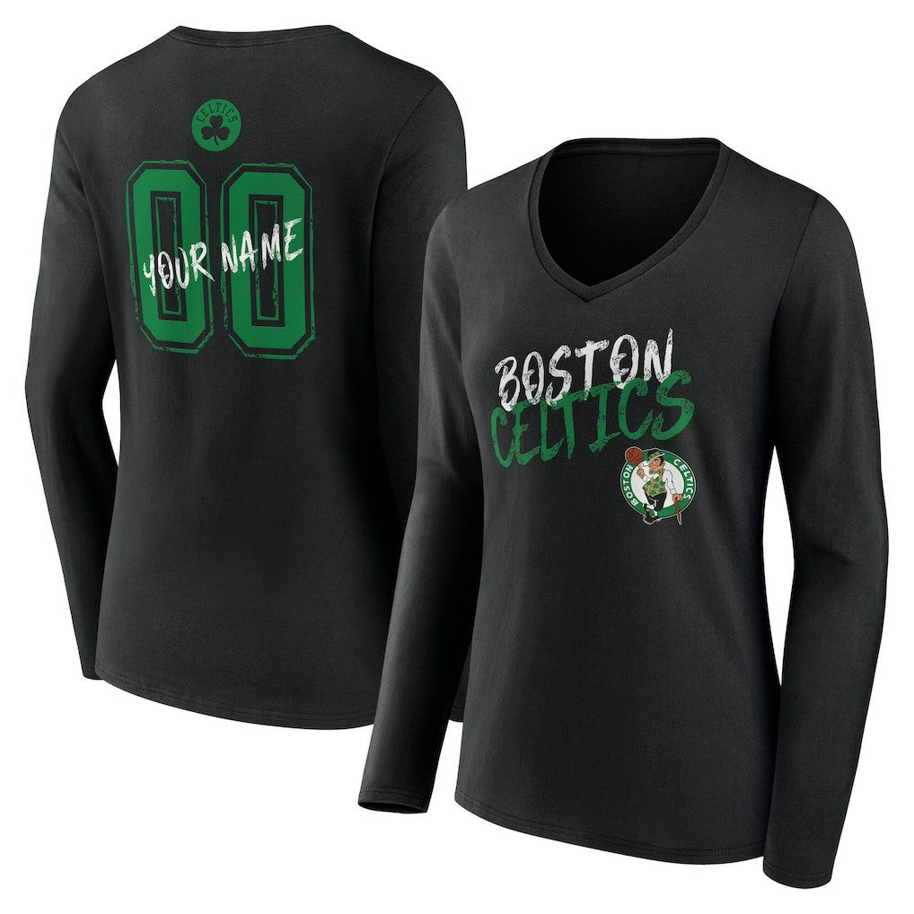 Boston Celtics Women's Hustle Custom Long Sleeve V-Neck T-Shirt Black - NBA
