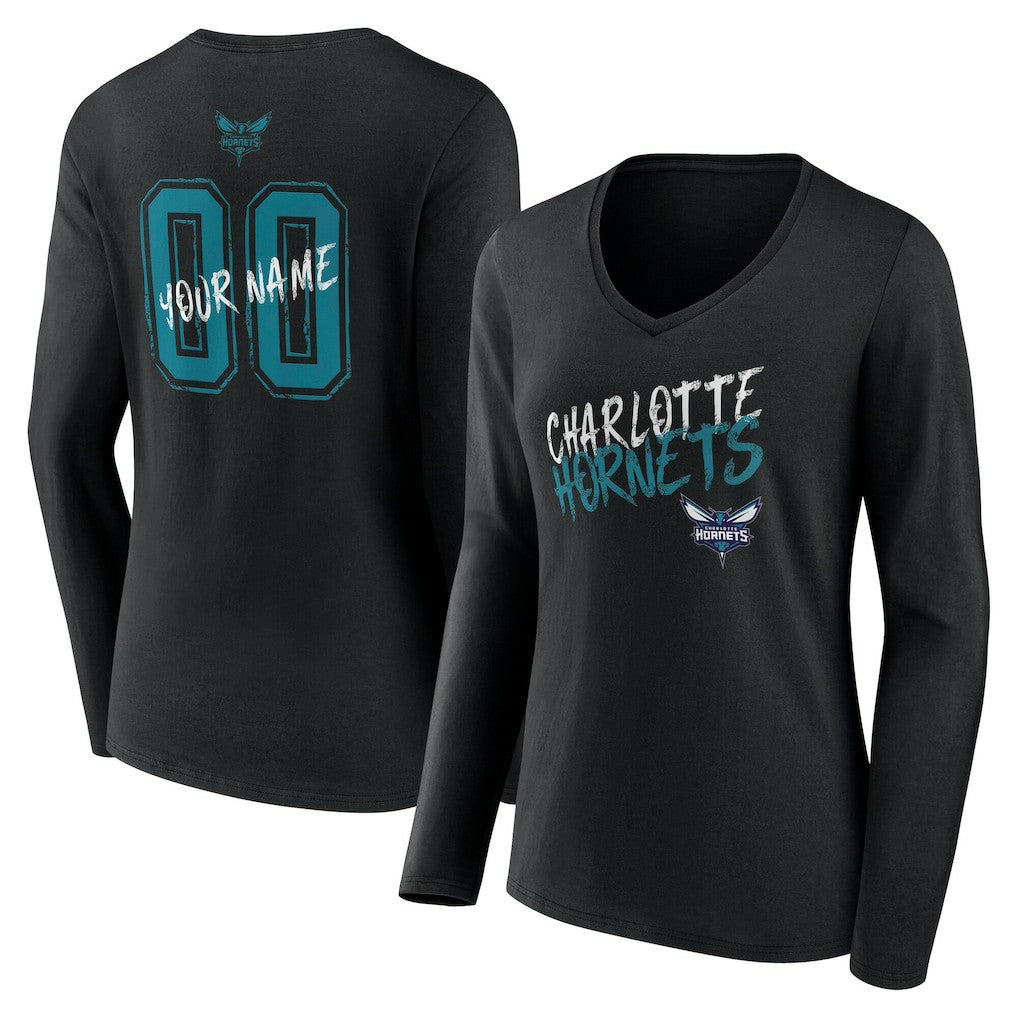 Charlotte Hornets Women's Hustle Custom Long Sleeve V-Neck T-Shirt Black - NBA