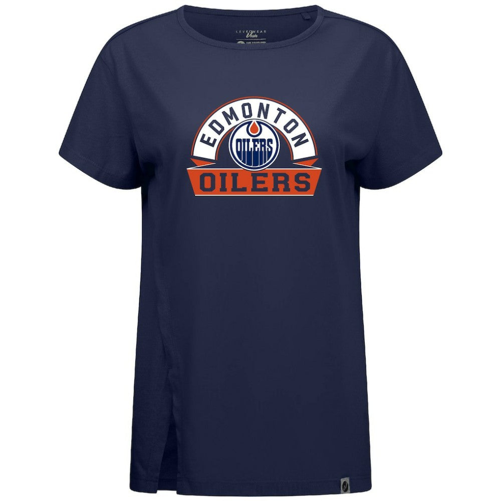 Edmonton Oilers Levelwear Women's Influx Banner Arch T-Shirt - Navy - NHL