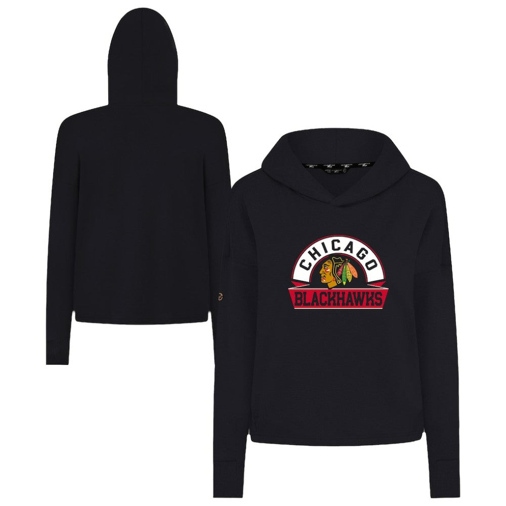 Chicago Blackhawks Levelwear Women's Sweet Banner Arch Tri-Blend Cropped Pullover Hoodie - Black - NHL