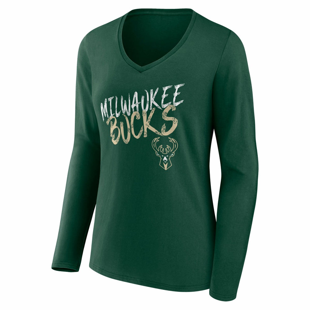 Milwaukee Bucks Women's Hustle Custom Long Sleeve V-Neck T-Shirt Hunter Green - NBA