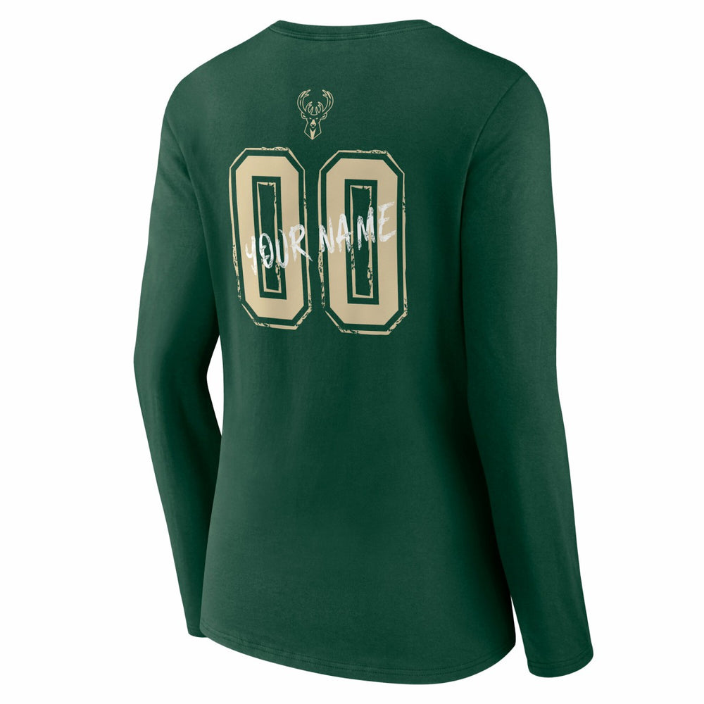 Milwaukee Bucks Women's Hustle Custom Long Sleeve V-Neck T-Shirt Hunter Green - NBA