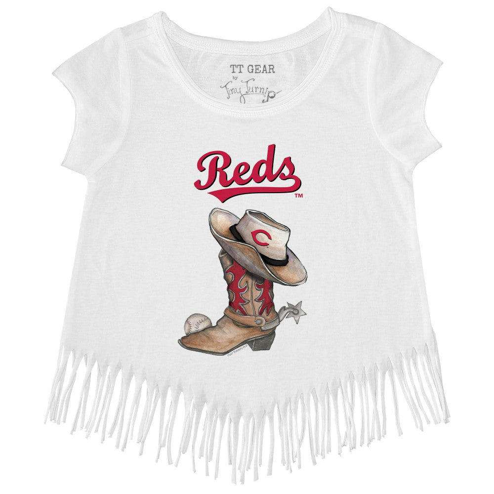Cincinnati Reds Tiny Turnip Girls Youth Cowboy Boot Fringe T-Shirt - MLB