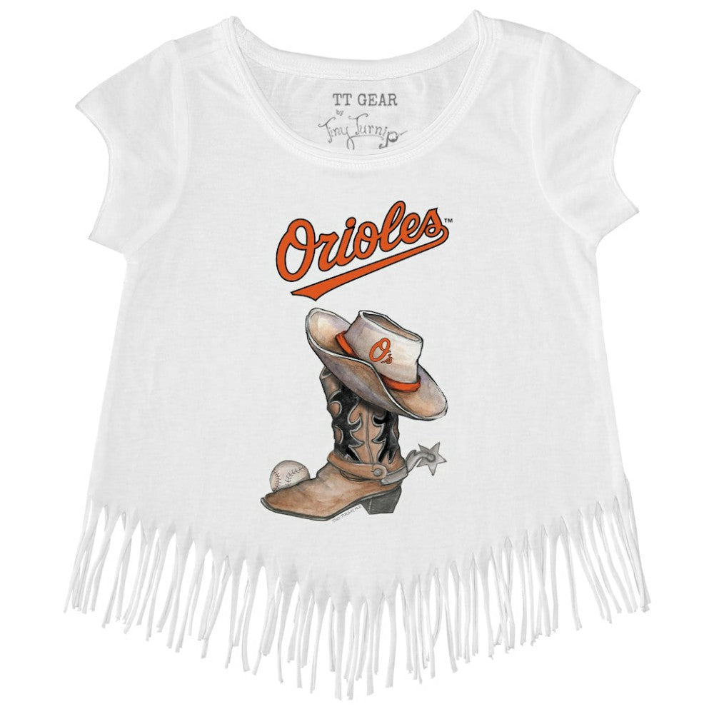 Baltimore Orioles Tiny Turnip Girls Youth Cowboy Boot Fringe T-Shirt - MLB