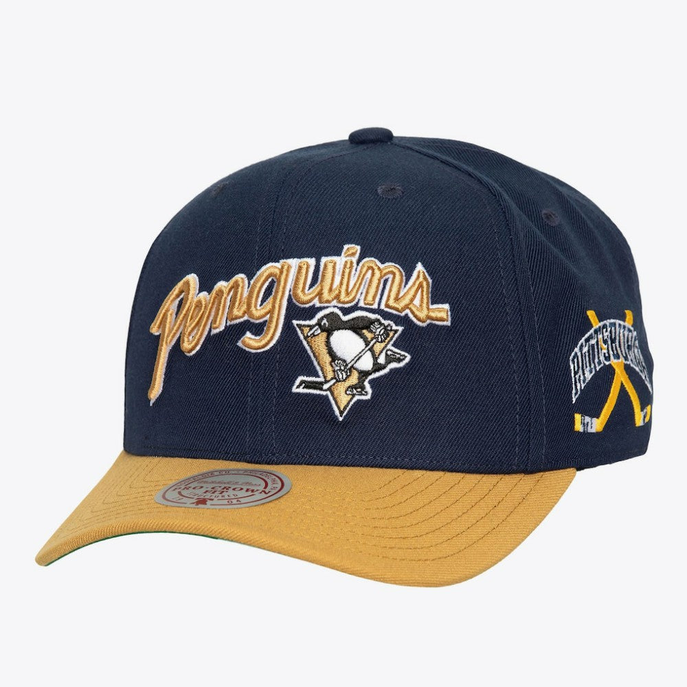 Pittsburgh Penguins Mitchell & Ness x Just Don Wave Script Pro Strapback Hat - Navy/Gold - NHL