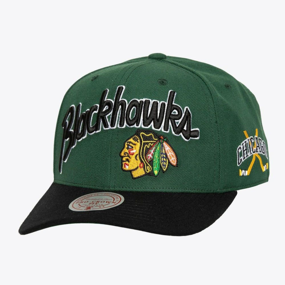 Chicago Blackhawks Mitchell & Ness x Just Don Wave Script Pro Strapback Hat - Green/Black - NHL