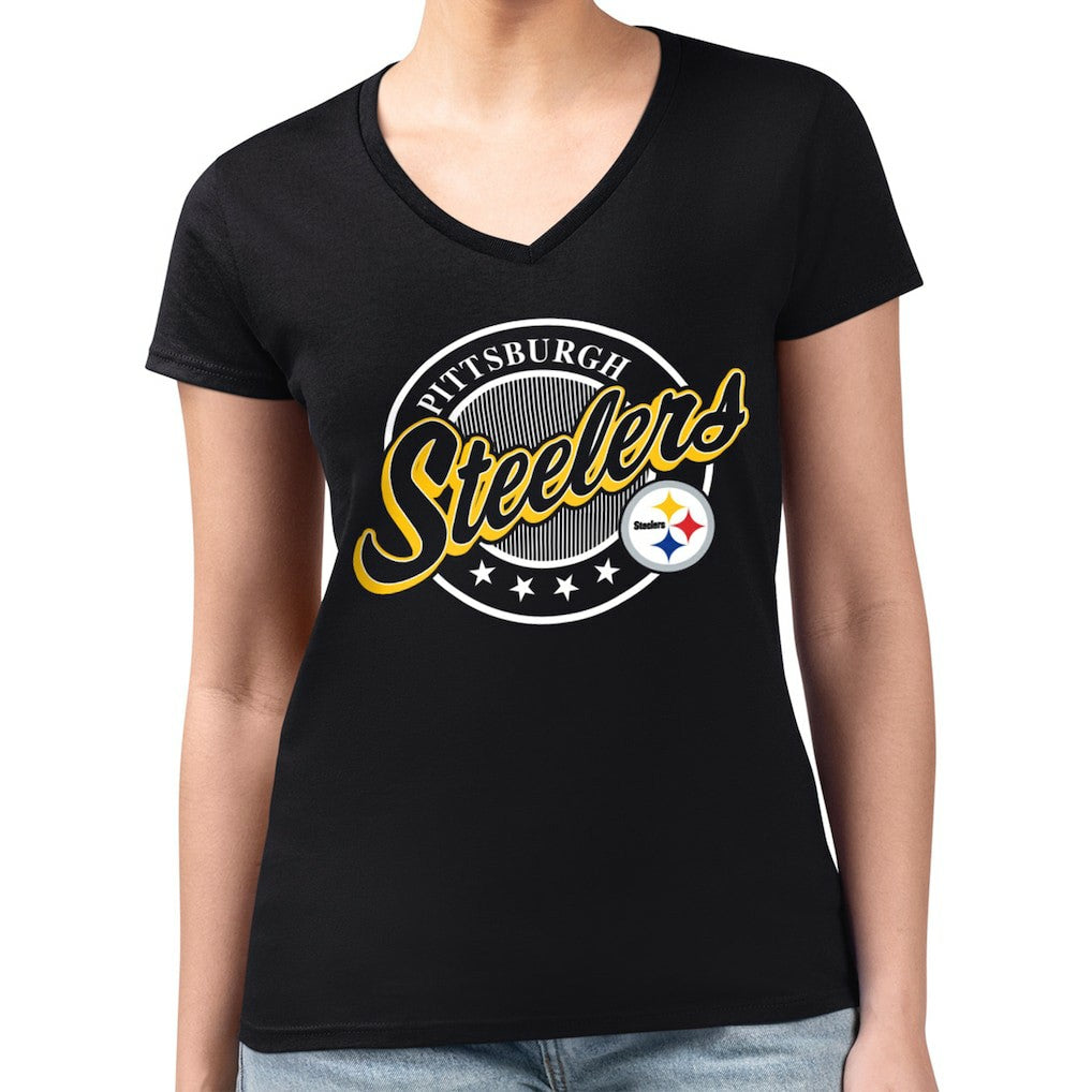 Pittsburgh Steelers G-III 4Her by Carl Banks Women's Super-Slim Fit Lightweight Pinstripe Circle V-Neck T-Shirt Black | NFL