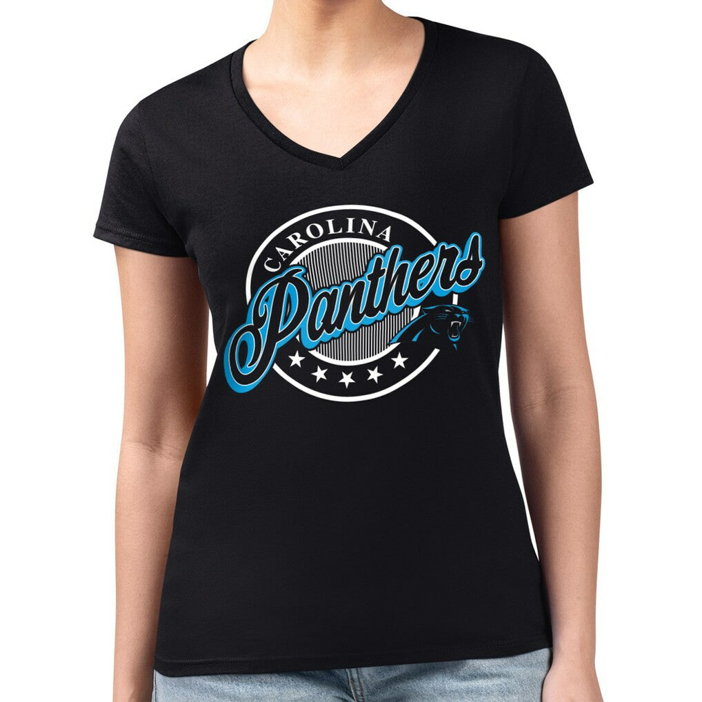 Carolina Panthers G-III 4Her by Carl Banks Women's Super-Slim Fit Lightweight Pinstripe Circle V-Neck T-Shirt Black | NFL