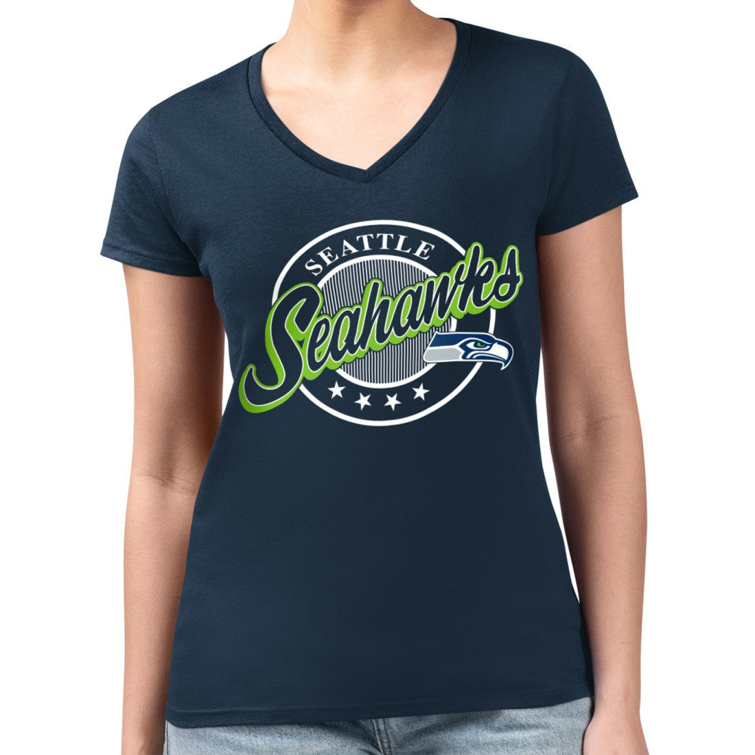 Seattle Seahawks G-III 4Her by Carl Banks Women's Super-Slim Fit Lightweight Pinstripe Circle V-Neck T-Shirt Navy | NFL